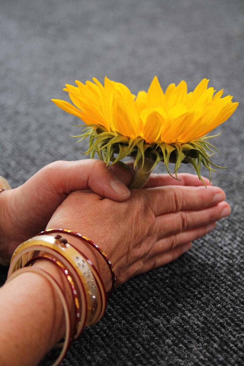 Smykkede hænder holder gul blomst